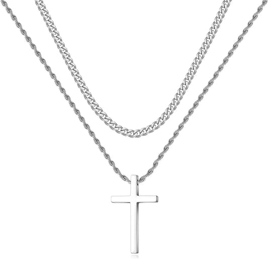 Stainless Steel Cross Necklaces for Men Layered Cuban Link Chain Rope Chain Mens Cross Necklaces Black Silver Gold Cross Pendant Necklace for Men Women 16-26 Inches