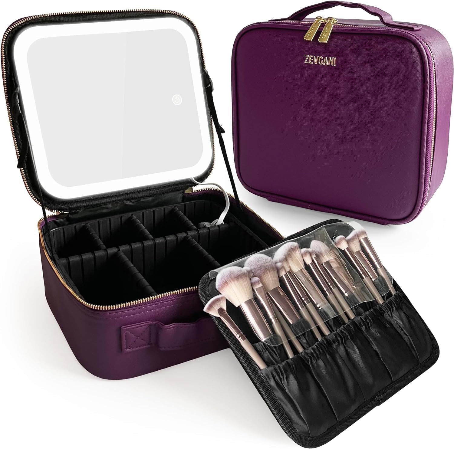 Travel Makeup Bag with LED Mirror, Rechargeable Lighted Makeup Case with Adjustable Brightness & Dividers, Portable Makeup Box Organizer Vanity Case for Toiletries & Brushes, Plum Purple