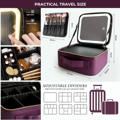 Travel Makeup Bag with LED Mirror, Rechargeable Lighted Makeup Case with Adjustable Brightness & Dividers, Portable Makeup Box Organizer Vanity Case for Toiletries & Brushes, Plum Purple