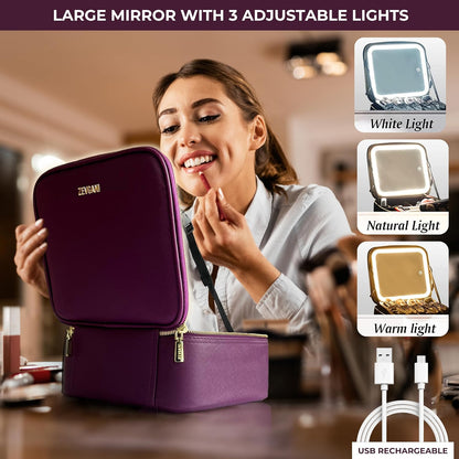 Travel Makeup Bag with LED Mirror, Rechargeable Lighted Makeup Case with Adjustable Brightness & Dividers, Portable Makeup Box Organizer Vanity Case for Toiletries & Brushes, Plum Purple