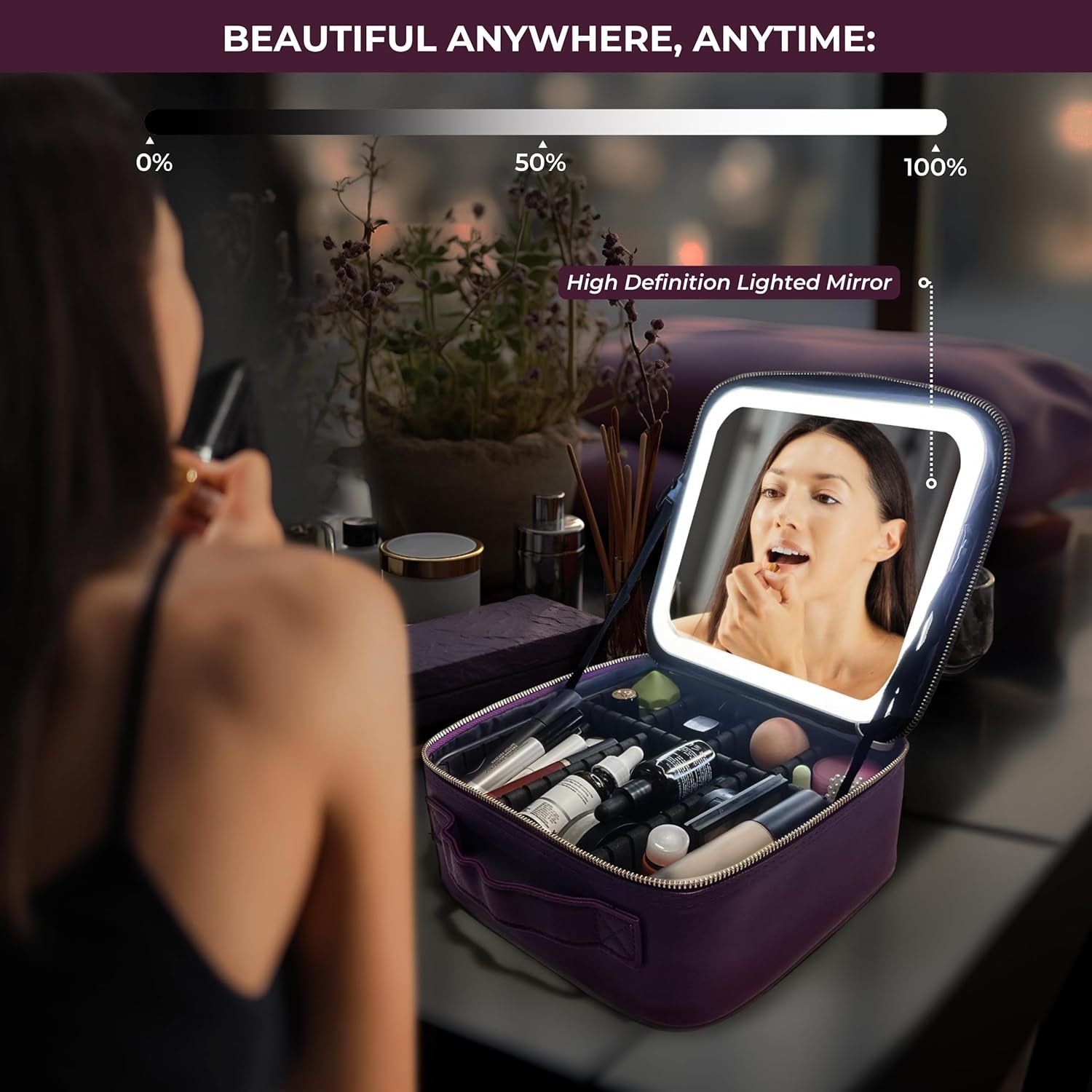 Travel Makeup Bag with LED Mirror, Rechargeable Lighted Makeup Case with Adjustable Brightness & Dividers, Portable Makeup Box Organizer Vanity Case for Toiletries & Brushes, Plum Purple