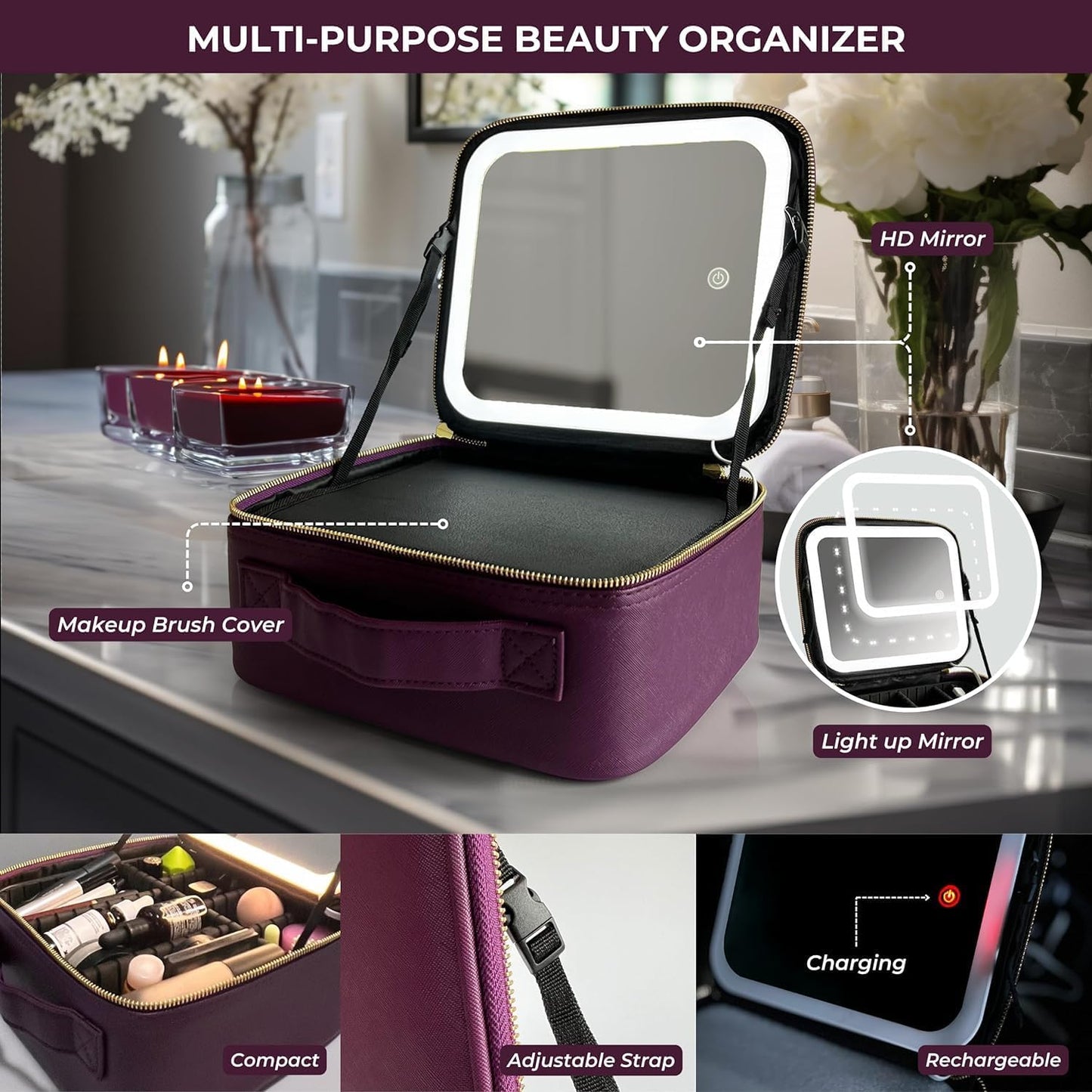 Travel Makeup Bag with LED Mirror, Rechargeable Lighted Makeup Case with Adjustable Brightness & Dividers, Portable Makeup Box Organizer Vanity Case for Toiletries & Brushes, Plum Purple