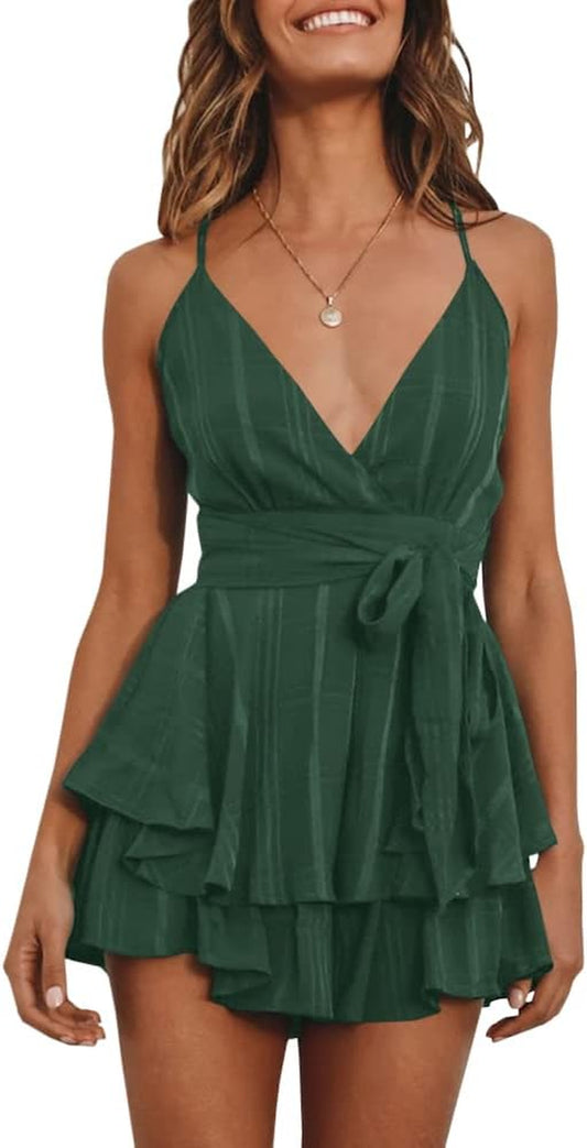 Women'S Sexy Spaghetti Strap Rompers Beach Waist Tie Layer Ruffle Hem Dress Look Jumpsuit Rompers